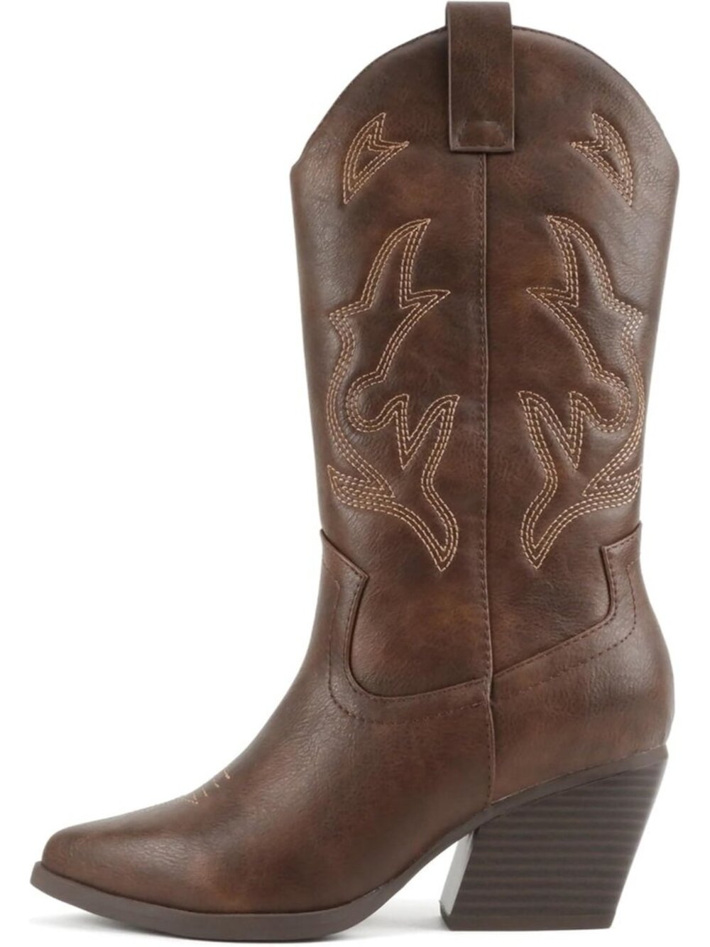 Women's Brown Pu Western Cowboy Stitched Pointe Toe Heel Ankle Mid Shaft Boots